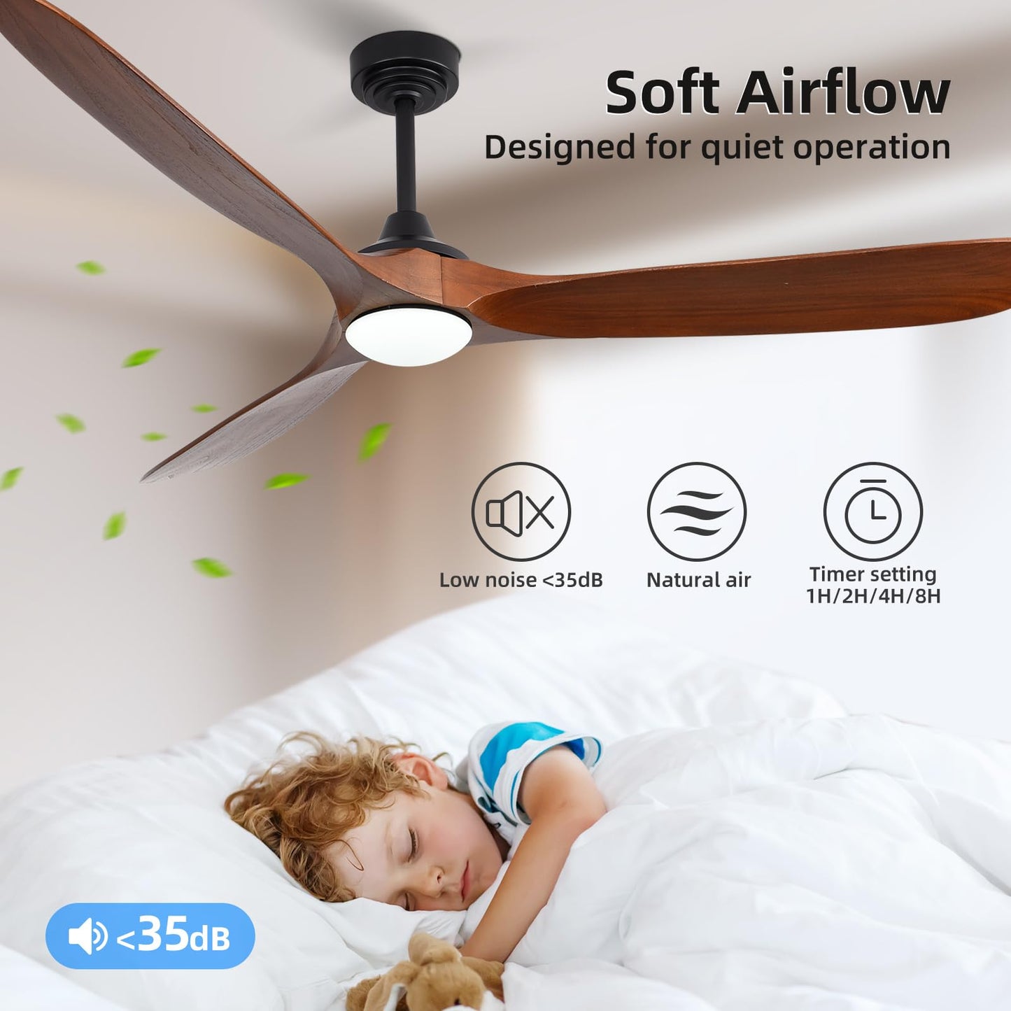Homlit Ceiling Fan with Lights, 72'' Solid Wood Indoor/Outdoor Ceiling Fan with Quiet Reversible DC Motor, Compatible with Alexa/Google/App, 3CCT