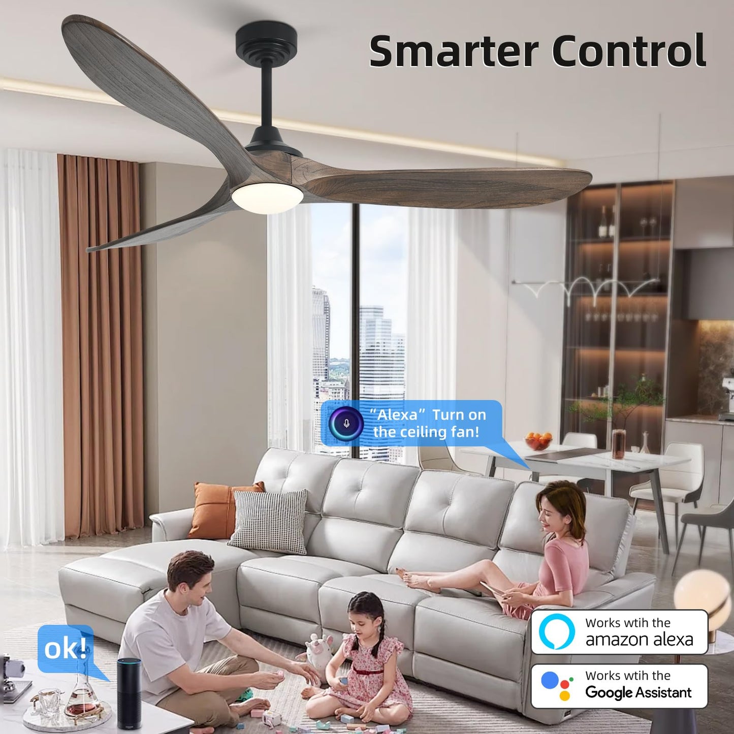 Homlit 60” Outdoor Ceiling Fan with Light 3 Downrods, Smart Wood Ceiling Fan Compatible with Alexa/Google/App, 3 Blades Modern Walnut Wood Ceiling