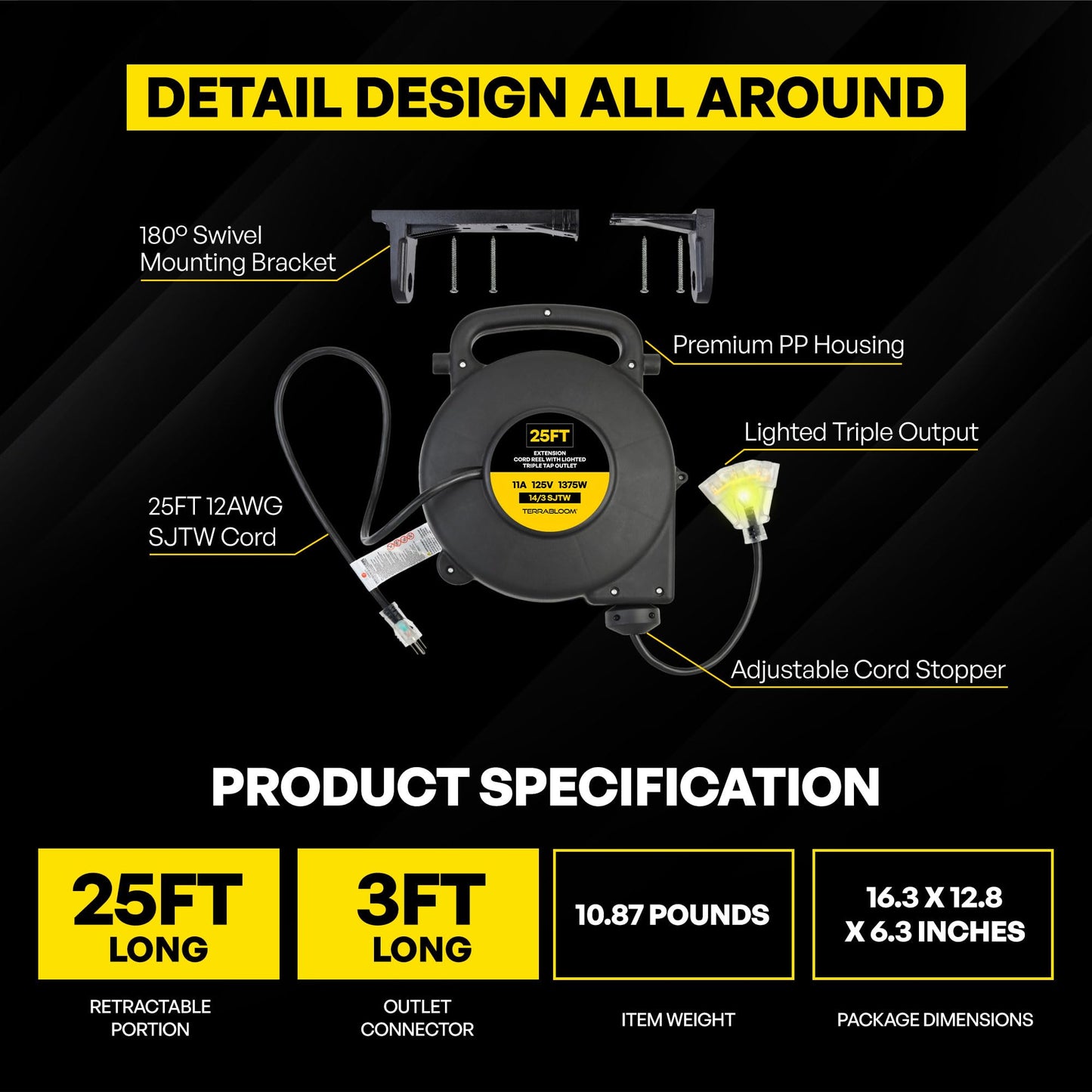 TerraBloom Retractable Extension Cord Reel with Light Indicator - 14/3 Cord Reel 45 ft - Triple Outlet Electric Cord Reel - Wall Mounted Retractable