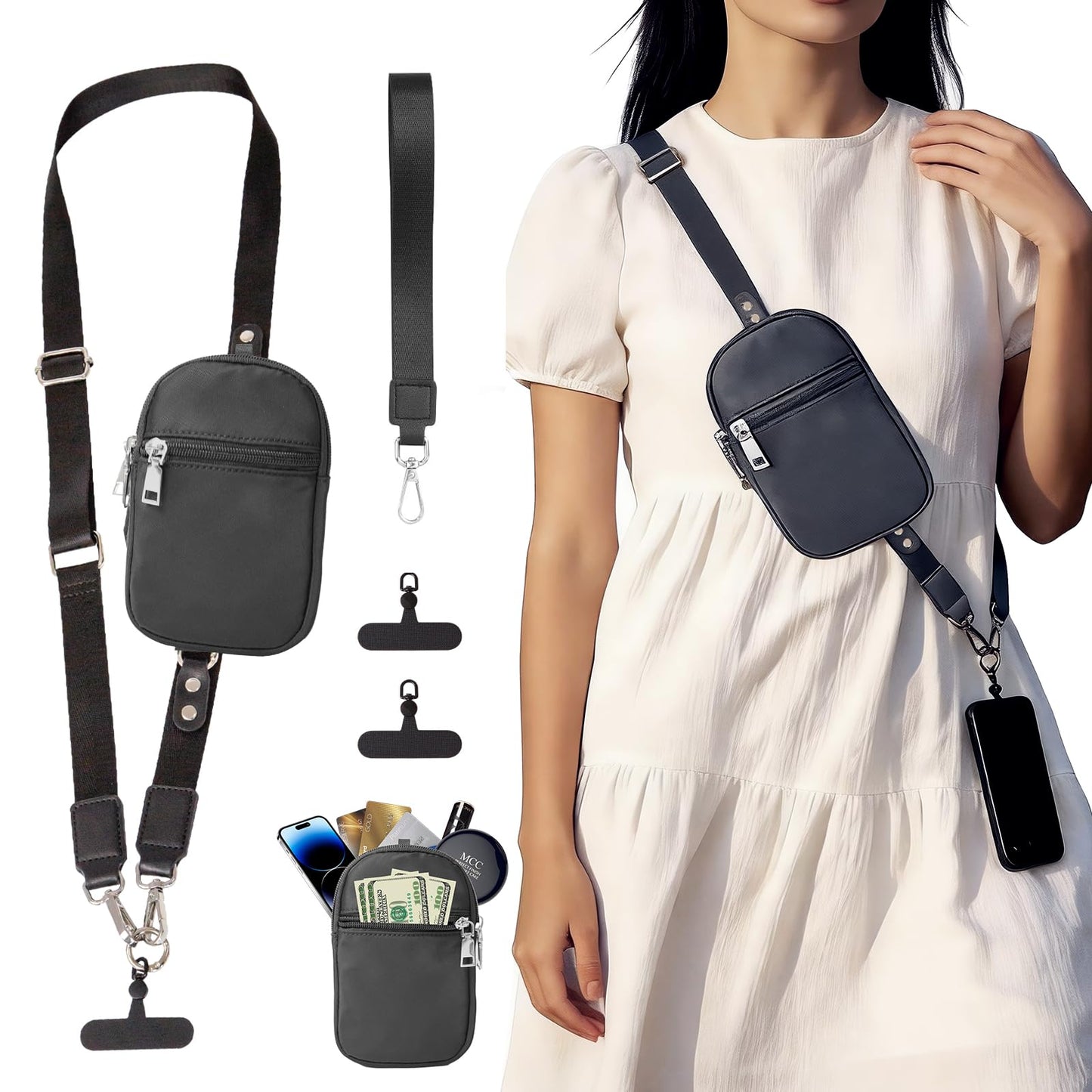 Ecehyon Clip and Go Phone Strap with Wallet, Adjustable Crossbody Phone Lanyard with Detachable RFID Wristlet Wallet, 360 Rotatable Phone Tabs for All