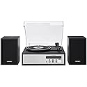 Crosley CR7022A-BK Sloane 3-Speed Bluetooth Turntable and FM Radio Shelf System with Matching Stereo Speakers, Black