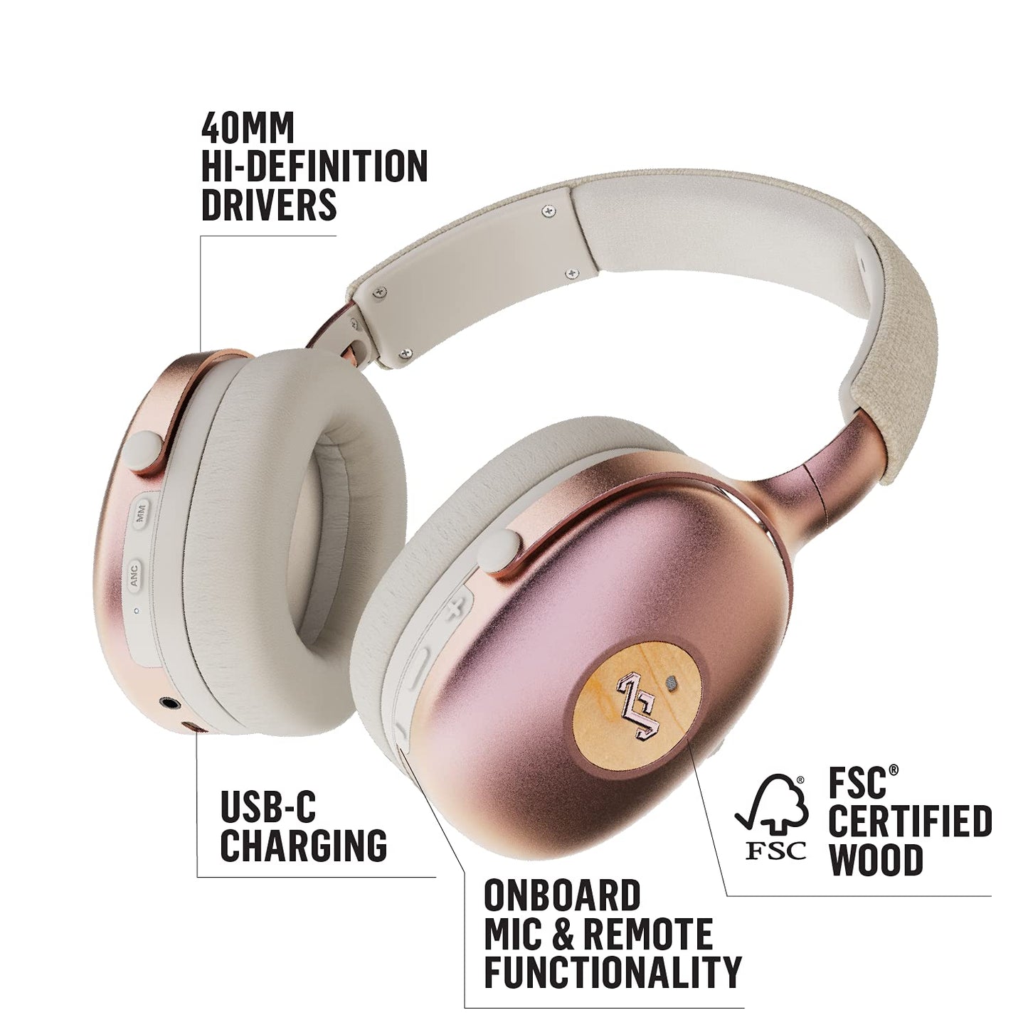 House of Marley Positive Vibration XL ANC: Noise Cancelling Over-Ear Headphones with Microphone, Wireless Bluetooth Connectivity, and 26 Hours…