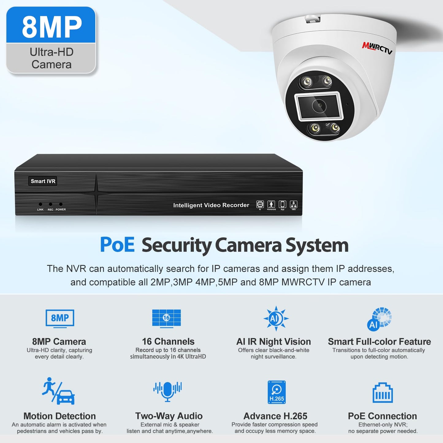 MWRCTV 4K PoE Security Camera System,8 X 8MP Wired Dome PoE Cameras for Home Security,2.8mm Wide Angle Lens,Smart Dual Light,AI Human/Vehicle