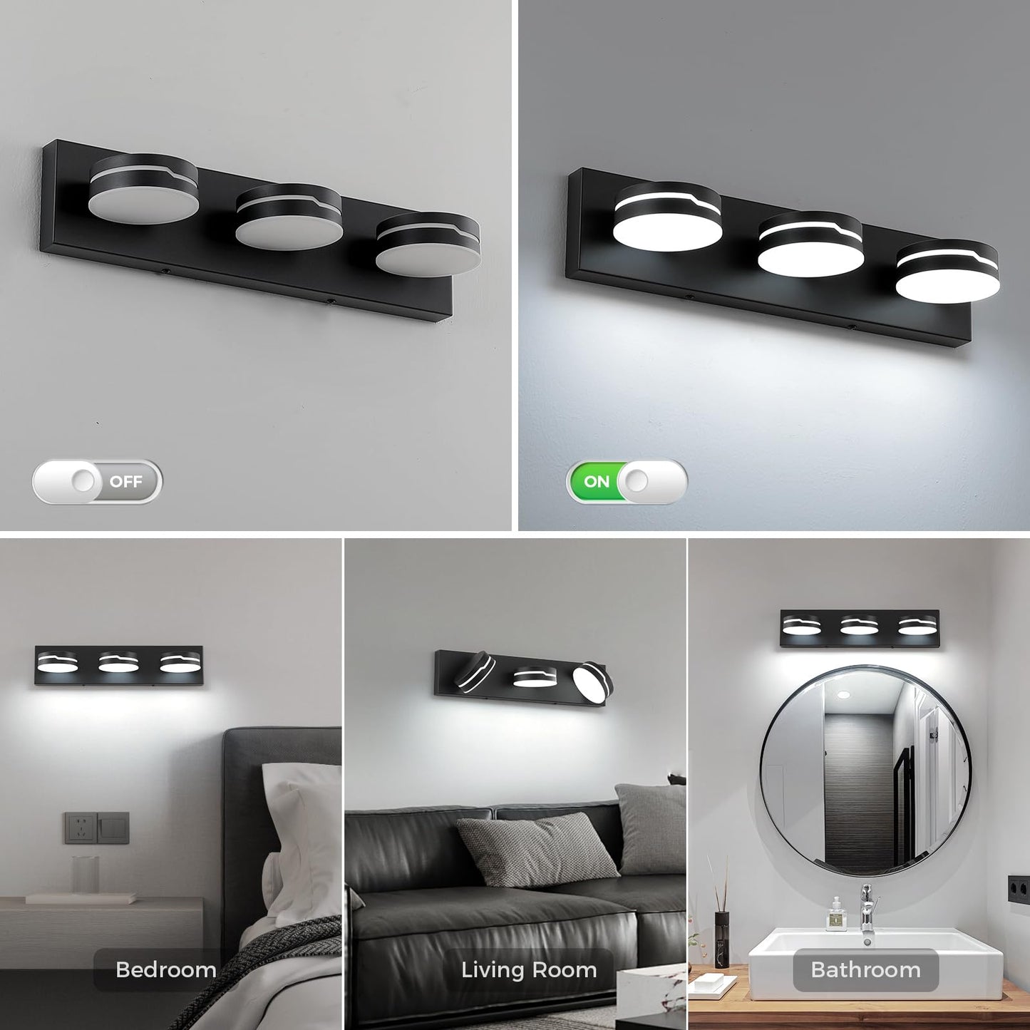 MKBNG Vanity Lights for Bathroom, Matte Black Bathroom Light Fixtures Over Mirror, 3-Light Modern LED Wall Sconce Makeup Lighting, 350° Rotatable