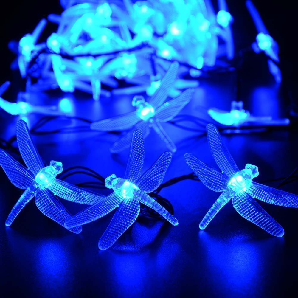 DINOWIN Dragonfly Lights, 20FT/6M 30 LED Solar String Lights with 8 Modes, Waterproof for Outdoor, Garden, Christmas Decorations (Blue)