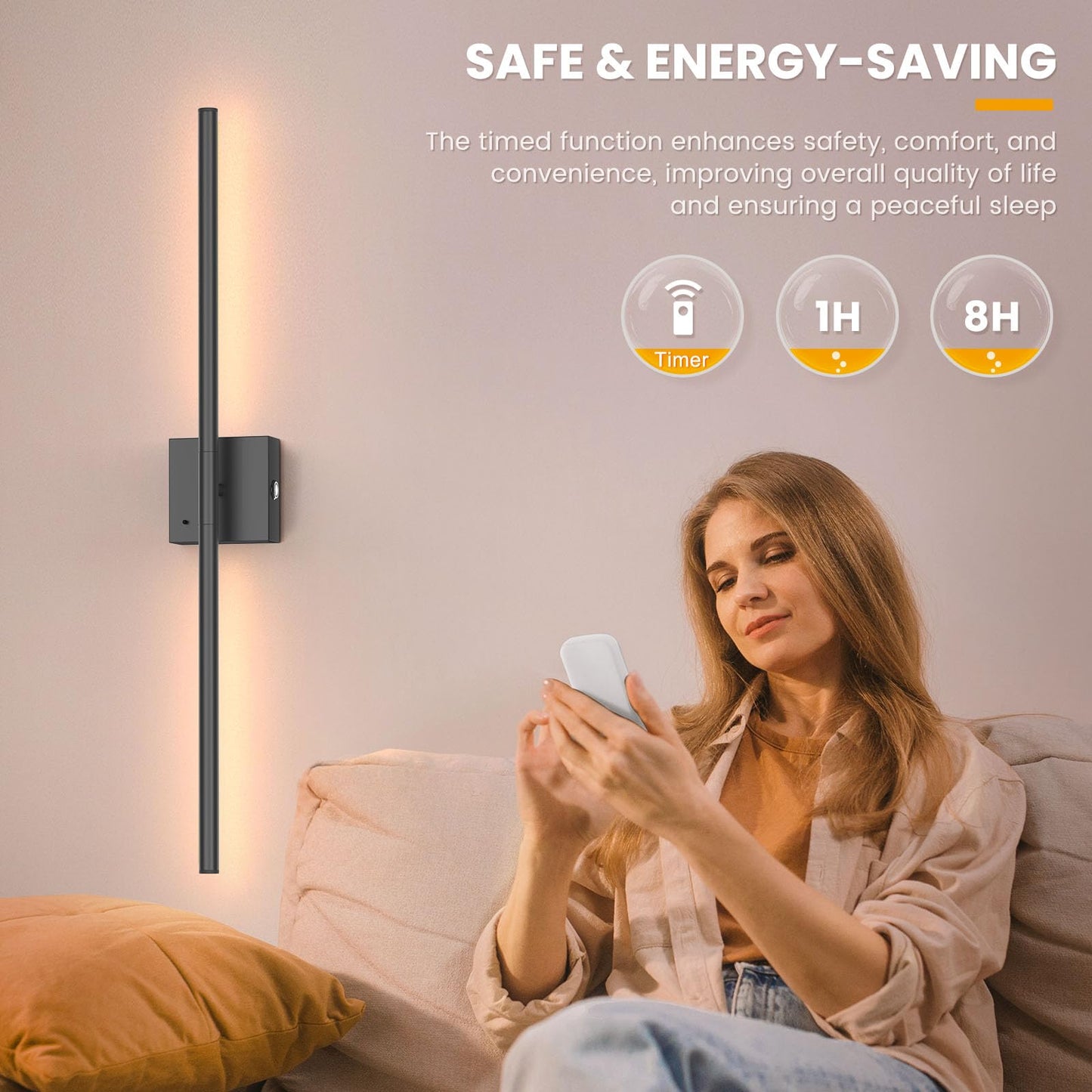 NIORSUN 28 Inch Battery Operated Wall Sconce Set of 2, 360° Rotation Black Rechargeable Wall Lights with Detachable Tube and Remote, 3CCT Dimmable
