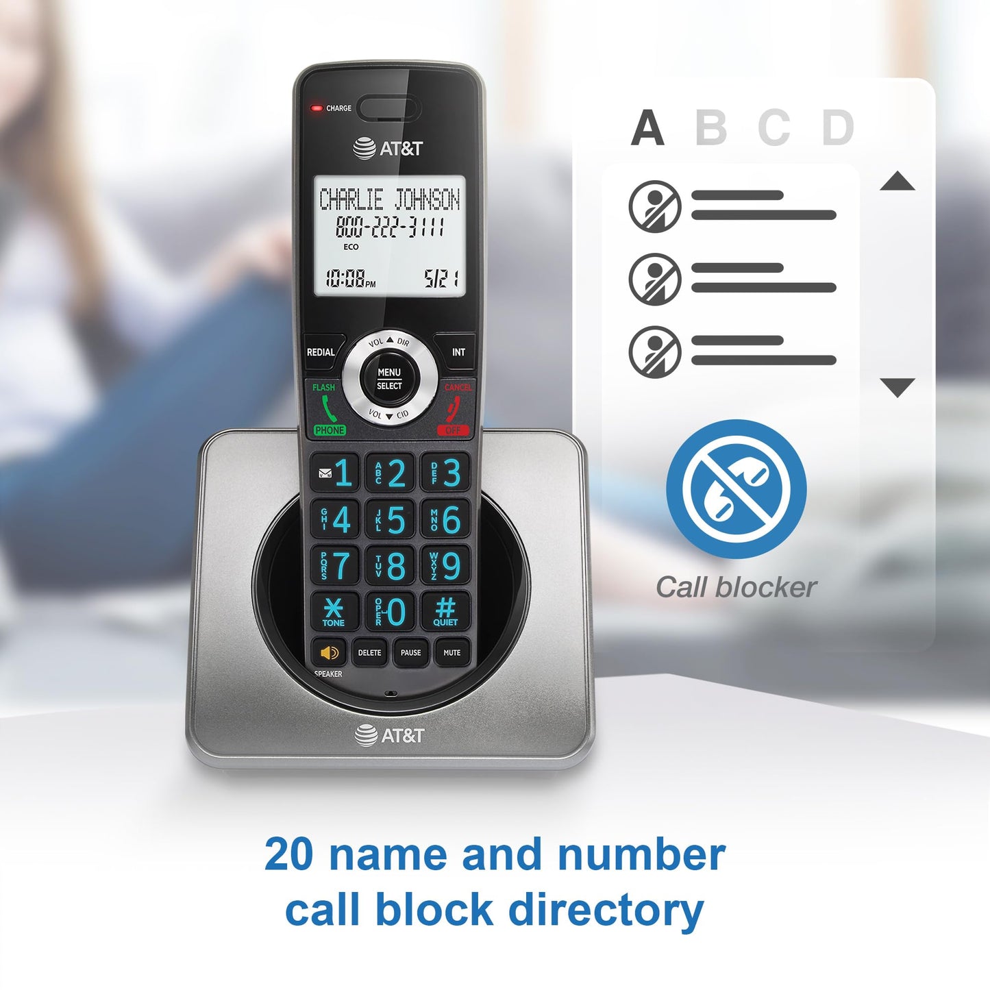 AT&T GL2101-2 DECT 6.0 2-Handset Cordless Phone with Call Block & Caller ID - Full-Duplex Handset Speakerphone, 2" White Backlit Display, Lighted
