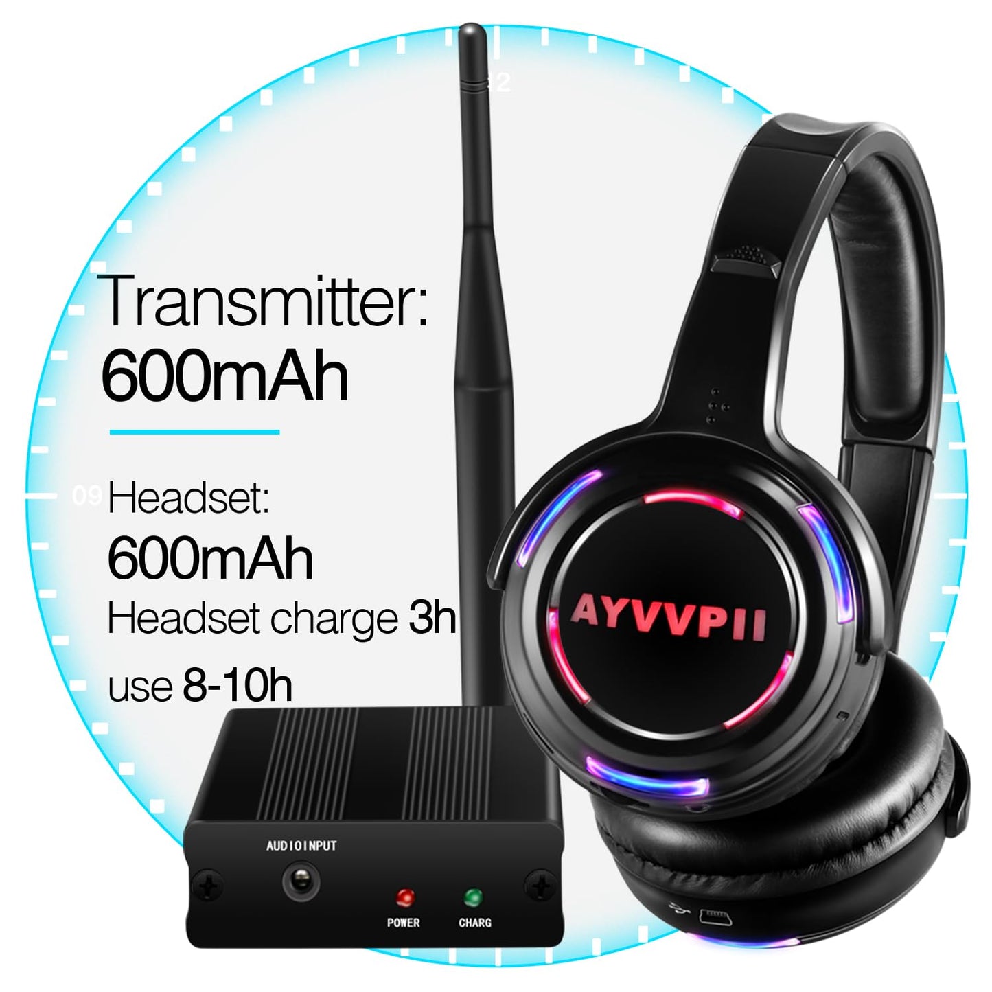 AYVVPII Rechargeable Wireless Silent Disco Headphones RF LED Flashing Light Headset 10pcs Headphones Bundle and 1 Transmitter 500m Distance