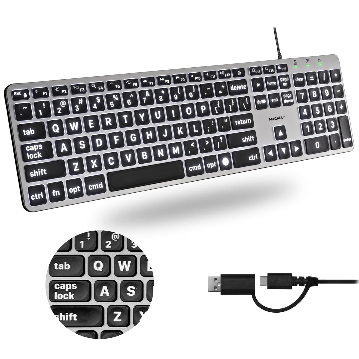 Macally Wired Keyboard for Mac (USB C + A) - Large Print and Backlit for Apple - 107 Key Full Size Large Letters USB C Keyboard for MacBook Pro/Air
