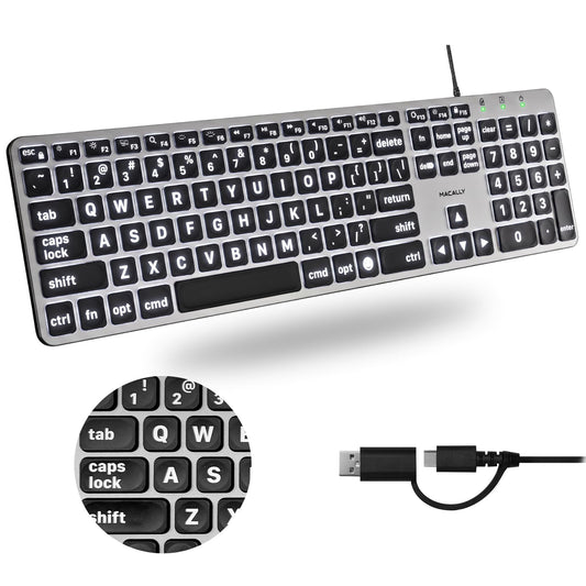 Macally Wired Keyboard for Mac (USB C + A) - Large Print and Backlit for Apple - 107 Key Full Size Large Letters USB C Keyboard for MacBook Pro/Air