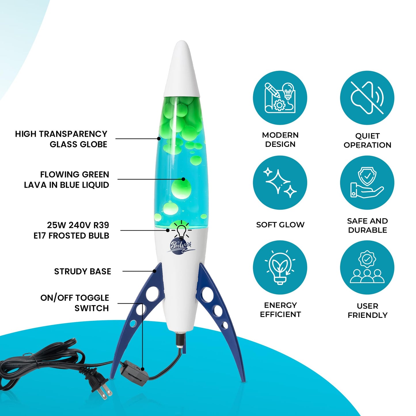 Brewish 17-Inch Liquid Motion Lamp | Magma Lamp with Blue Liquid Green Wax | Space-Inspired Rocket Lamps for Kids, Adults | Night Light for Home