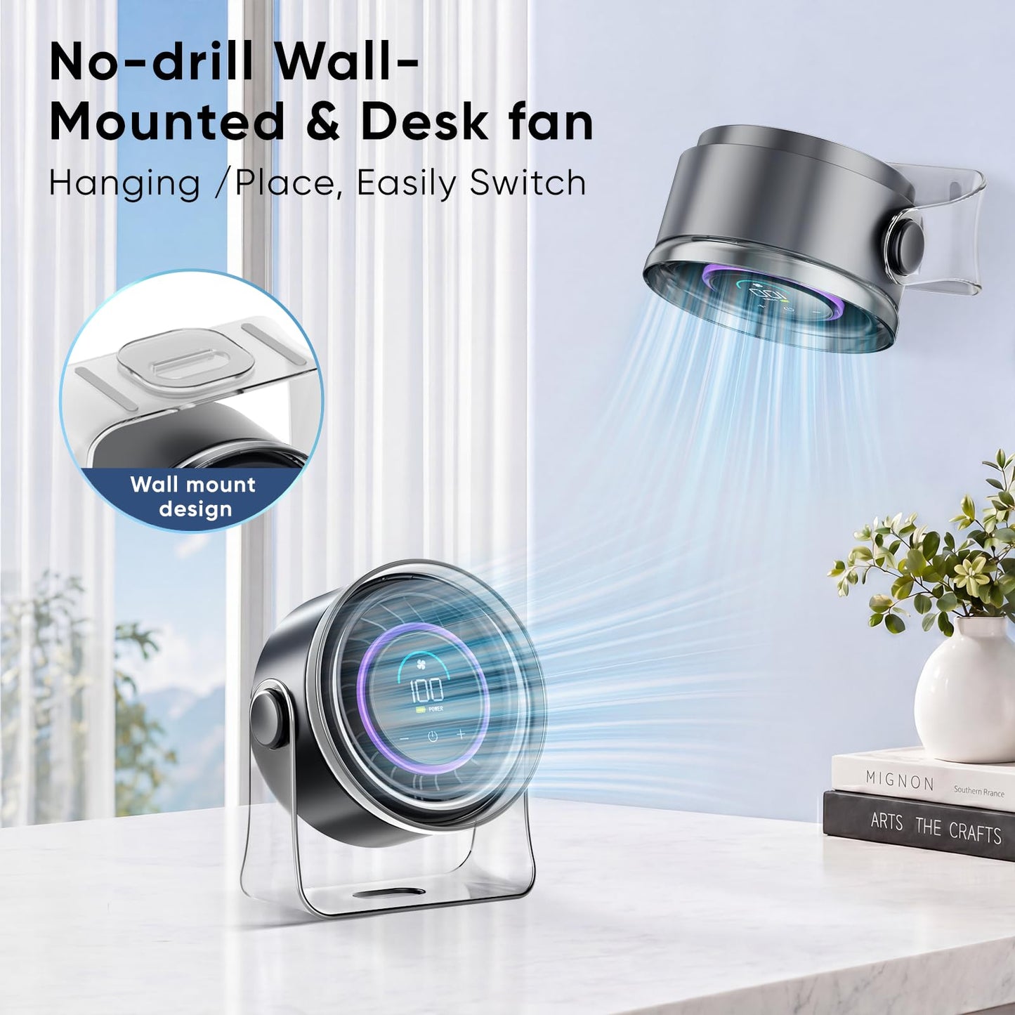 FRONTSUN Portable Desk Fan,Quiet Fan for Bedroom,Portable Fan withTurbo Airflow,Fans with 100 Speeds Digital Display, 360° Tilt,Rechargeable Battery