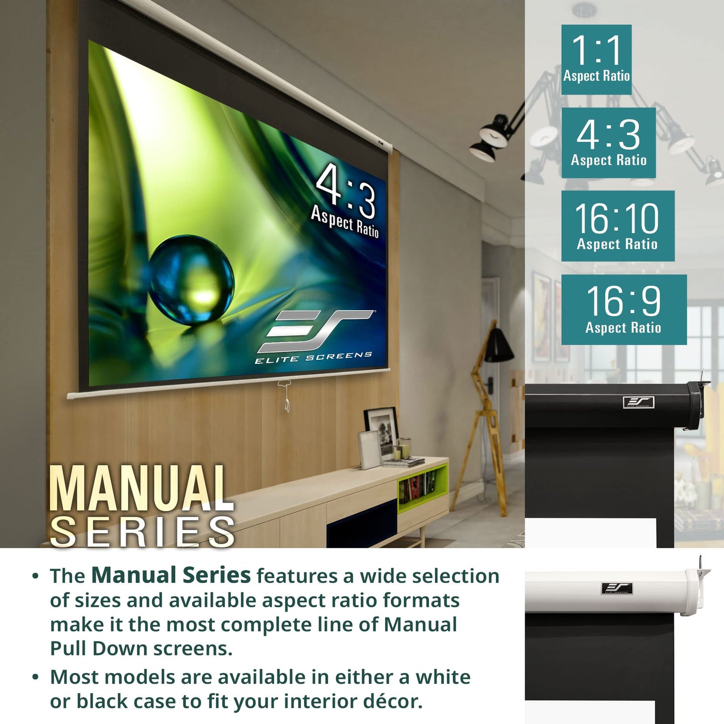 Elite Screens Manual Series, 71-INCH 1:1, Pull Down Manual Projector Screen with AUTO LOCK, Movie Home Theater 8K / 4K Ultra HD 3D Ready, 2-YEAR