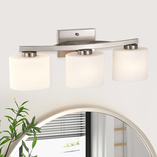 Edvivi Bathroom Light Fixtures, 3-Light Modern Brushed Nickel Vanity Light Over Mirror, Wall Sconces with Oval-Shaped White Glass Shades for Living