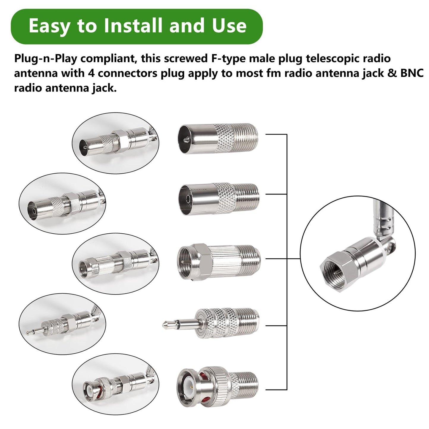 2pcs FM Antenna Telescopic 75 Ohm Screw F Male Plug Antenna with PAL BNC 3.5mm Jack Connector Adapter FM Radio Antenna for AV Stereo Receiver Home