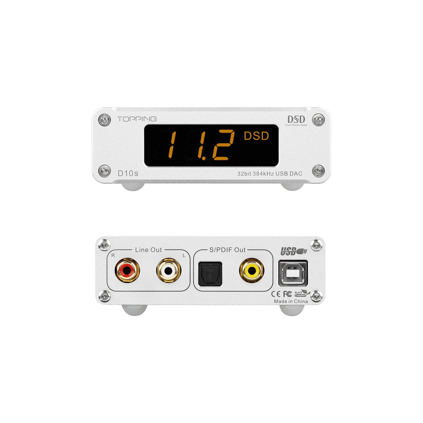 TOPPING D10s DAC MINI USB DAC XMOS XU208 ES9038Q2M DSD256 PCM 384kHz Hi-Res Audio Desktop Audio Decoder (Silver)
