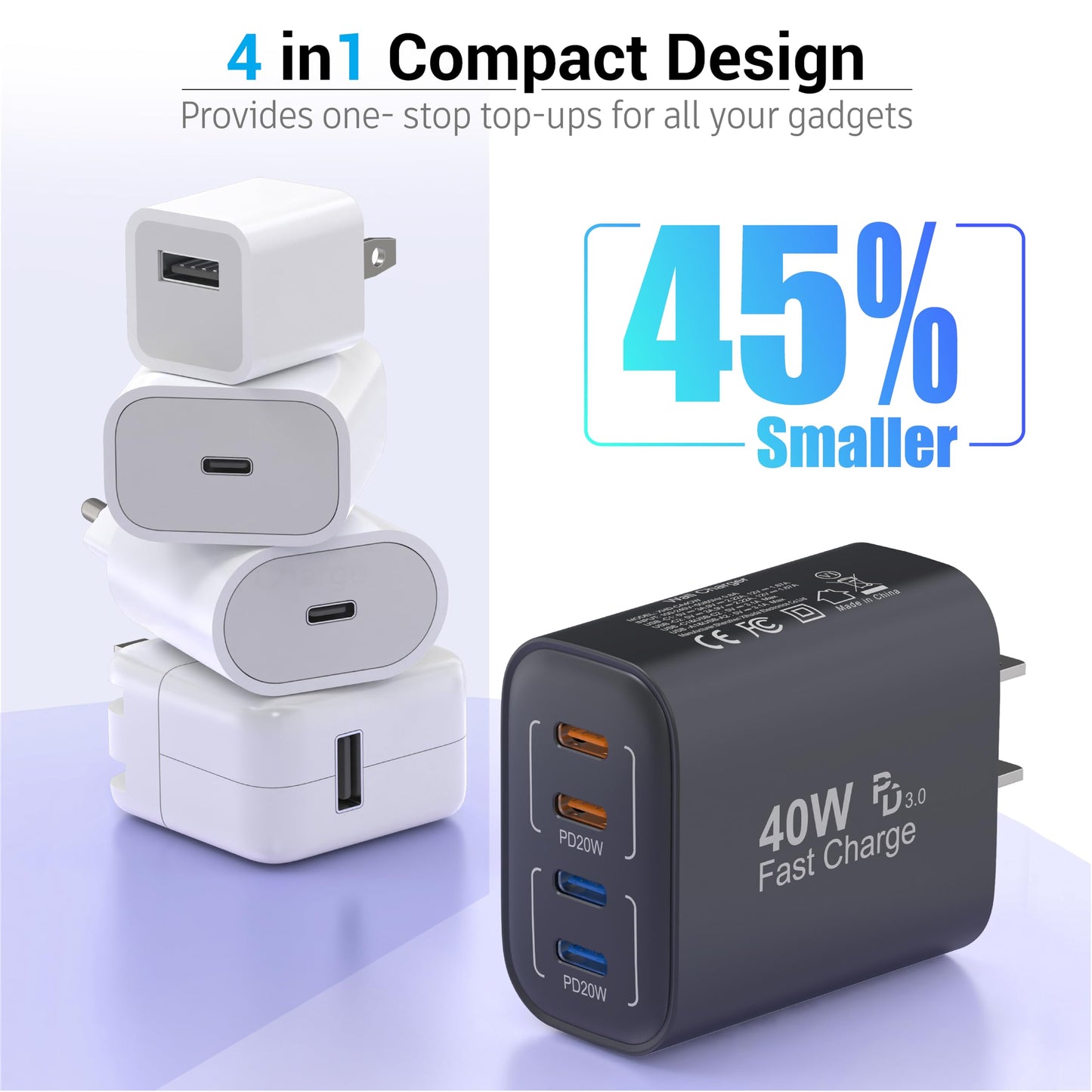 40W USB C Charging Block, 4 USB-C Ports, Type C Wall Plug Fast Charger Cube, Power Adapter Box for iPhone 17, 17 Air 17 Pro, 17 Pro Max,16, 15, 14