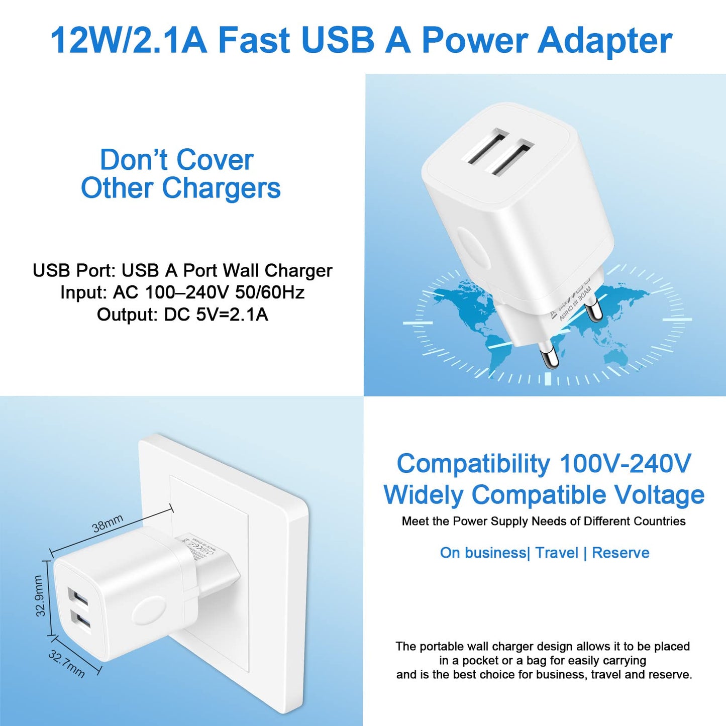 European Travel Plug Adapter Charger for iPhone Samsung Android Phone,International Power Adaptor with 2 Charger Port USB, EU Wall Charging Block