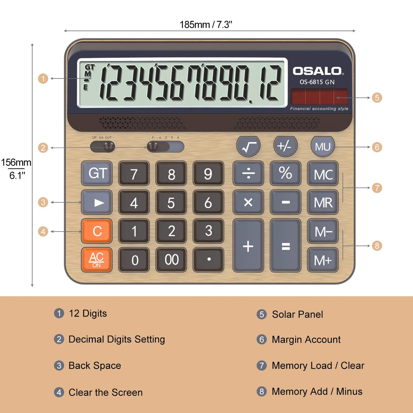 Desktop Calculator Extra Large 5-Inch LCD Display 12-Digit Big Number Accounting Calculator with Giant Response Button, Battery & Solar Powered