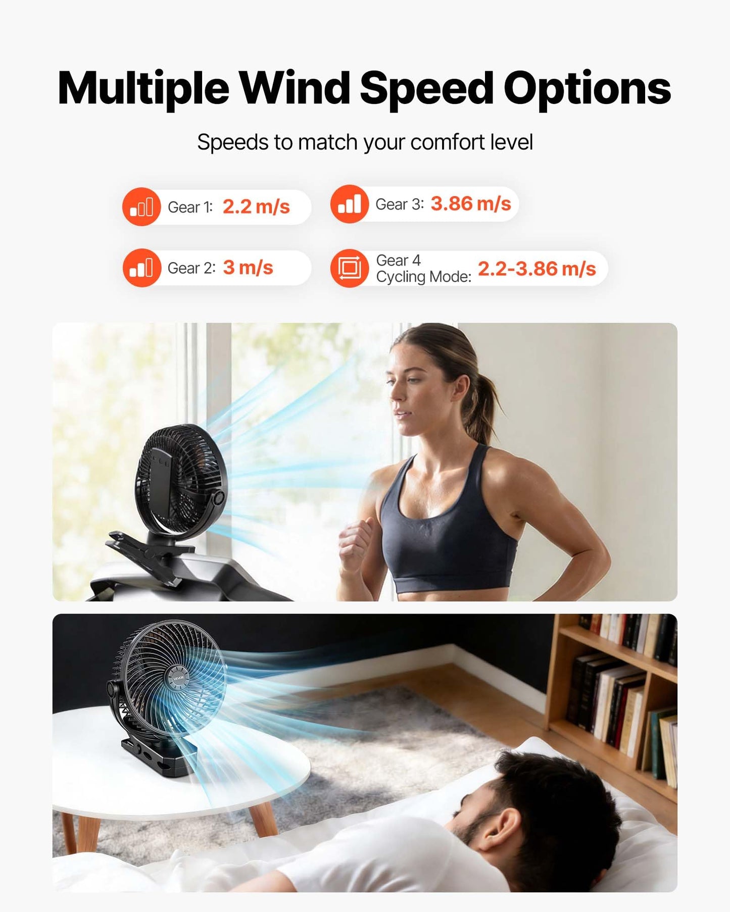 VEVOR Portable Clip Fan, 5000mah*2, 22h Max Runtime Rechargeable Clip On Fan, USB Port with 3 Speeds & Circulation Mode, Strong Airflow, for Desk