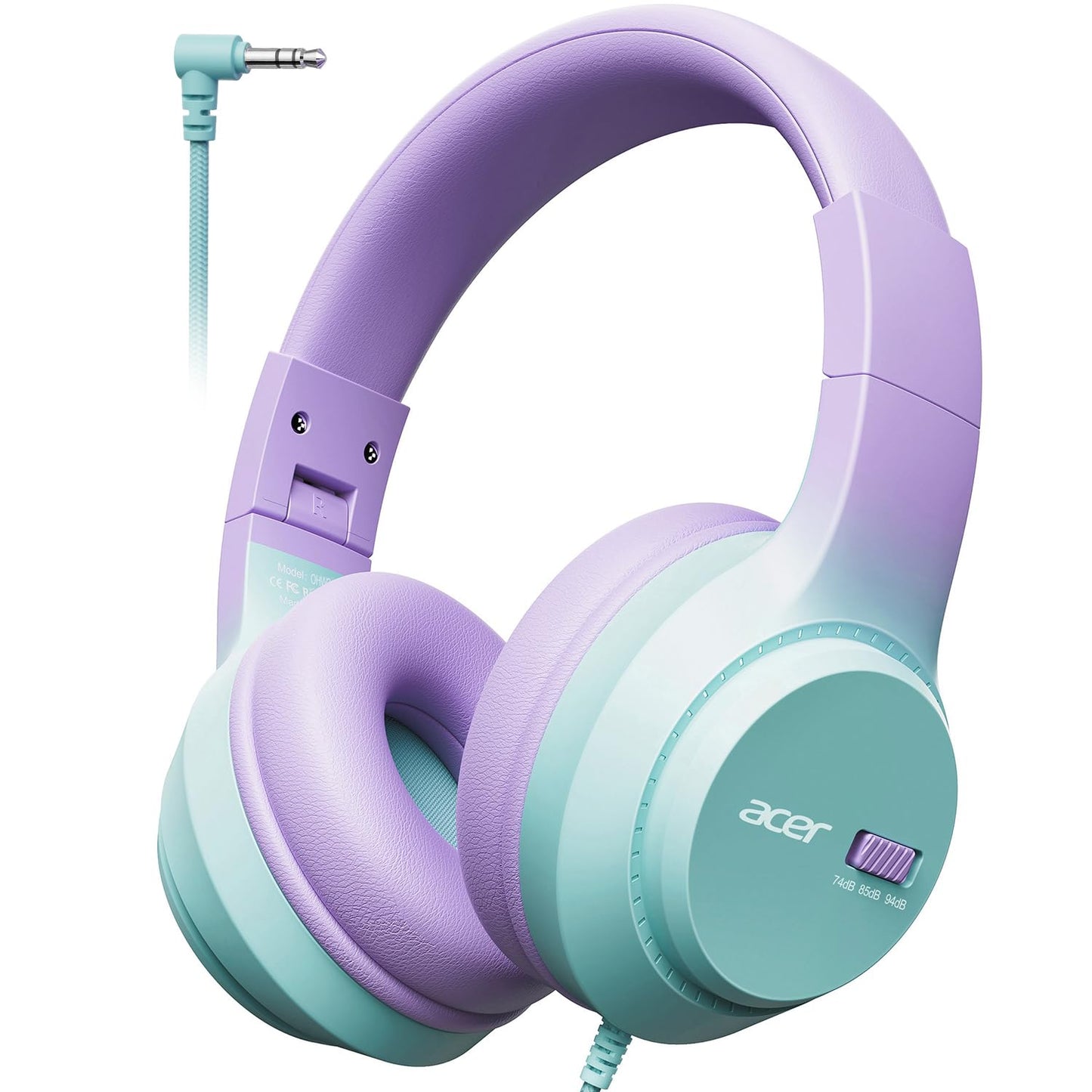 Acer Kids Headphones, 74/85/94dB Volume Limiter, Foldable Wired Over Ear Headphones for Travel, 3.5mm Jack, Toddler Headphones for School, iPad