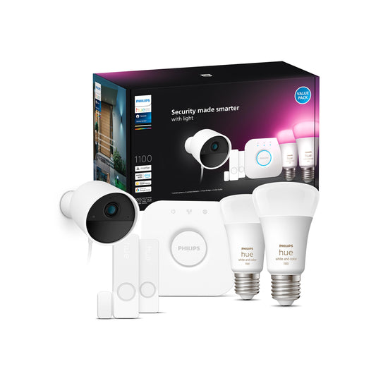 Philips Hue Secure Starter Kit with Bridge, Wired Security Camera, (2) Secure Contact Sensor, (2) 75W A19 Bulb, White & Color Ambiance, Works Security