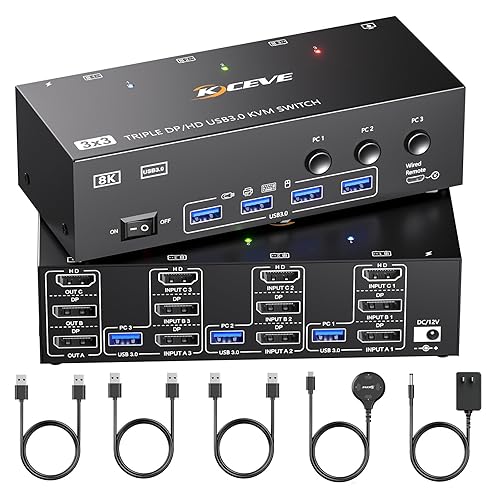 KVM Switch 3 Monitors 3 Computers 8K@60Hz, ANGEET HDMI Displayport Triple Monitor KVM Switch,3 Monitor KVM with 4 USB 3.0 Ports for Keyboard Mouse