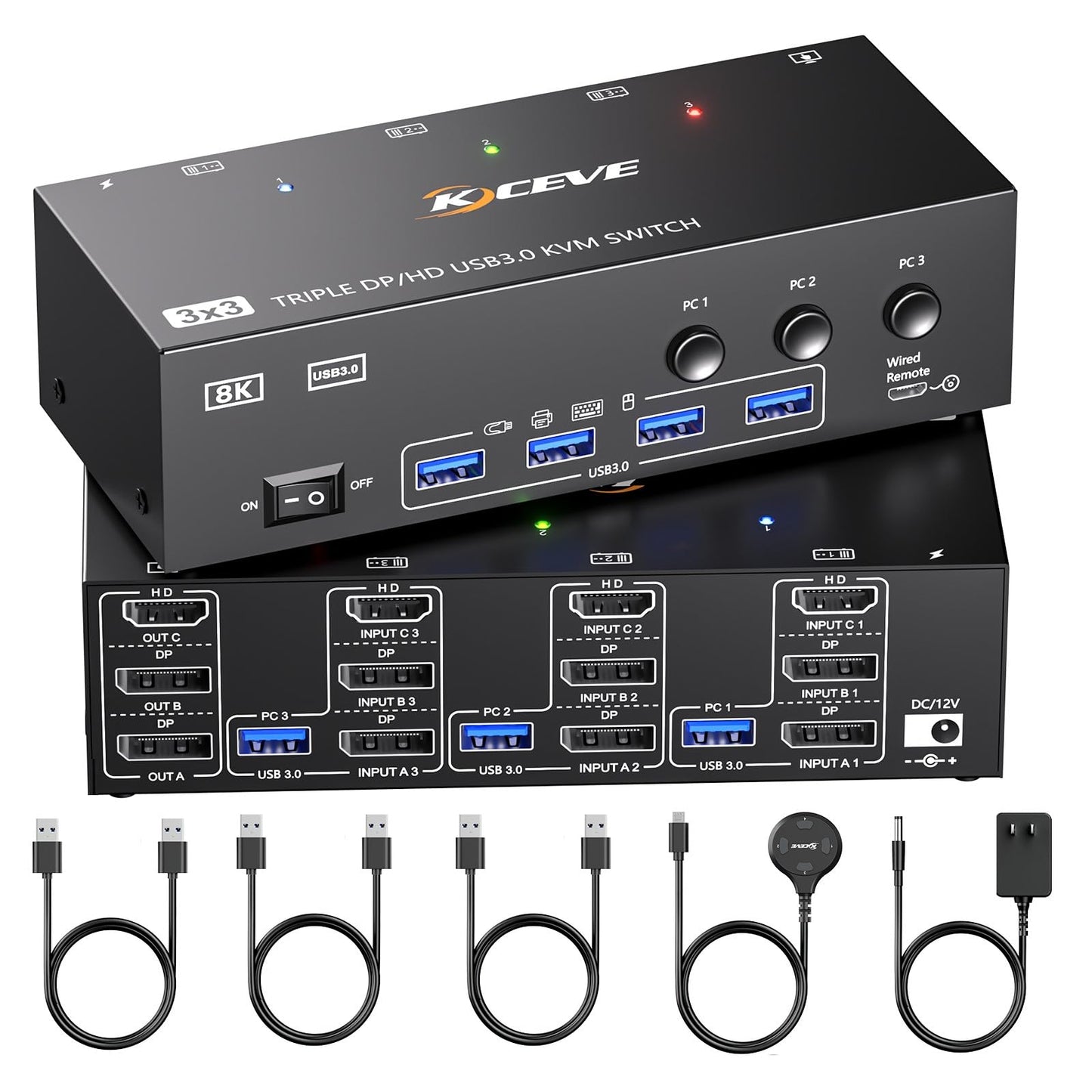 KVM Switch 3 Monitors 3 Computers 8K@60Hz, ANGEET HDMI Displayport Triple Monitor KVM Switch,3 Monitor KVM with 4 USB 3.0 Ports for Keyboard Mouse