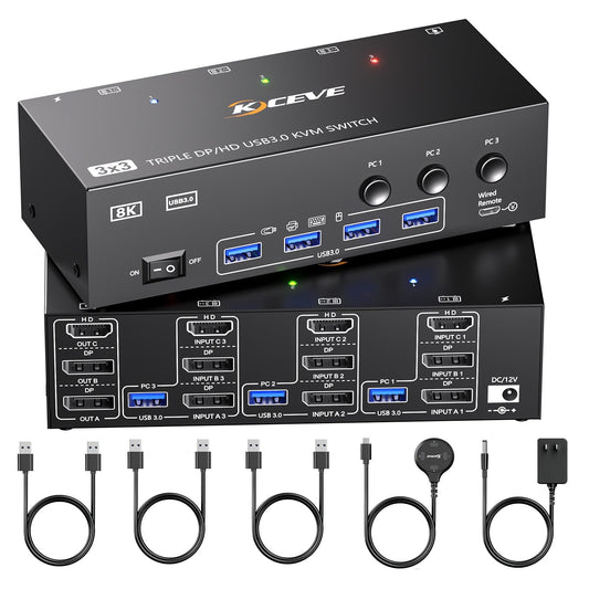 KVM Switch 3 Monitors 3 Computers 8K@60Hz, ANGEET HDMI Displayport Triple Monitor KVM Switch,3 Monitor KVM with 4 USB 3.0 Ports for Keyboard Mouse