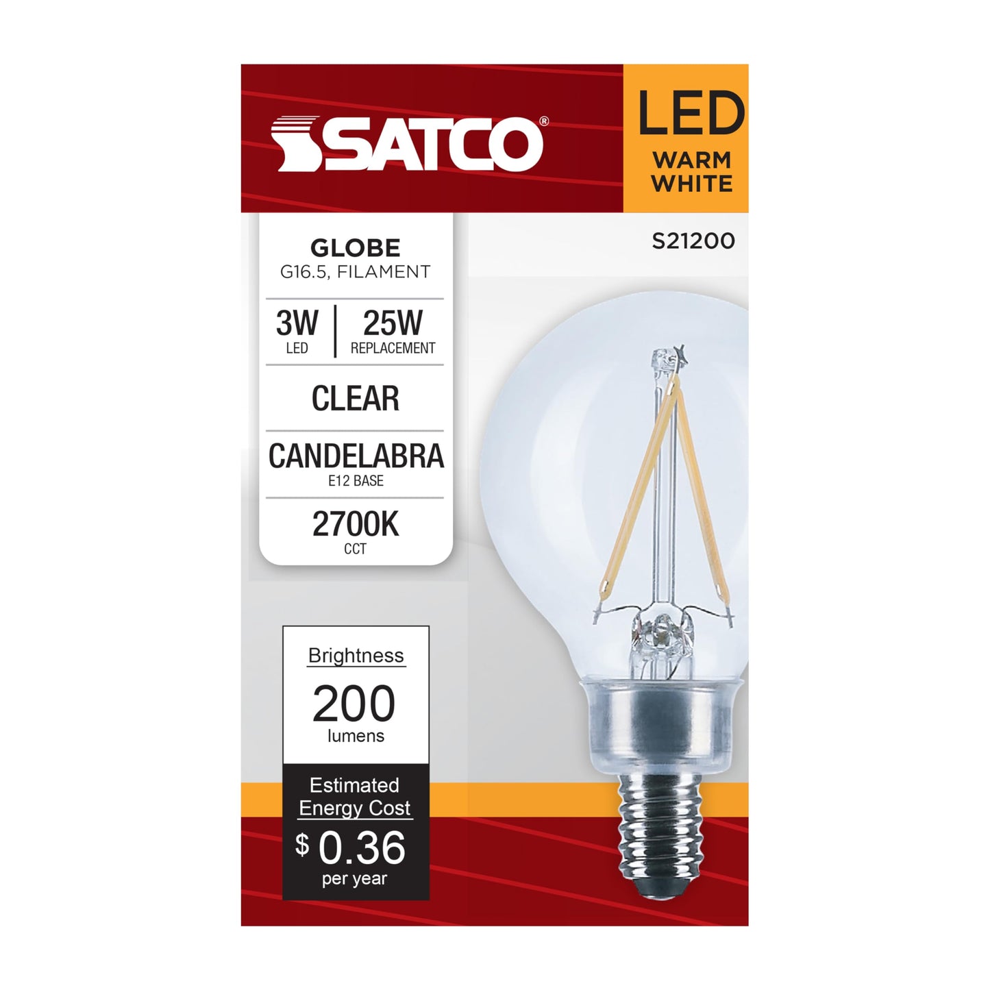 Satco 3-Watt LED E12 Light Bulb, 2700K, 15000 Hour Rating, Dimmable