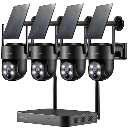 Kittyhok Black Solar Security Cameras Wireless Outdoor System, 5G/2.4G WiFi, 4pcs 2K Ultra Pan/Tilt Home Solar Security Camera with Human Detection