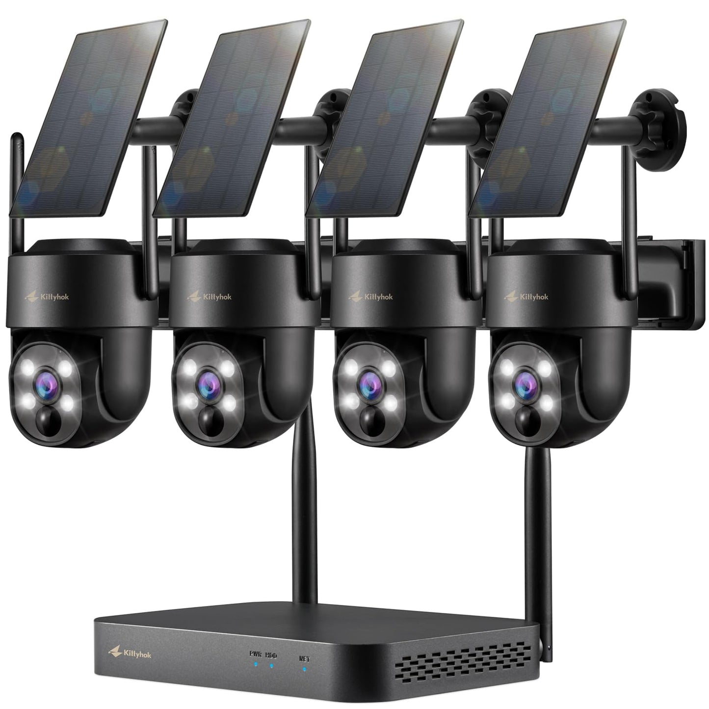 Kittyhok Black Solar Security Cameras Wireless Outdoor System, 5G/2.4G WiFi, 4pcs 2K Ultra Pan/Tilt Home Solar Security Camera with Human Detection