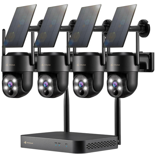 Kittyhok Black Solar Security Cameras Wireless Outdoor System, 5G/2.4G WiFi, 4pcs 2K Ultra Pan/Tilt Home Solar Security Camera with Human Detection