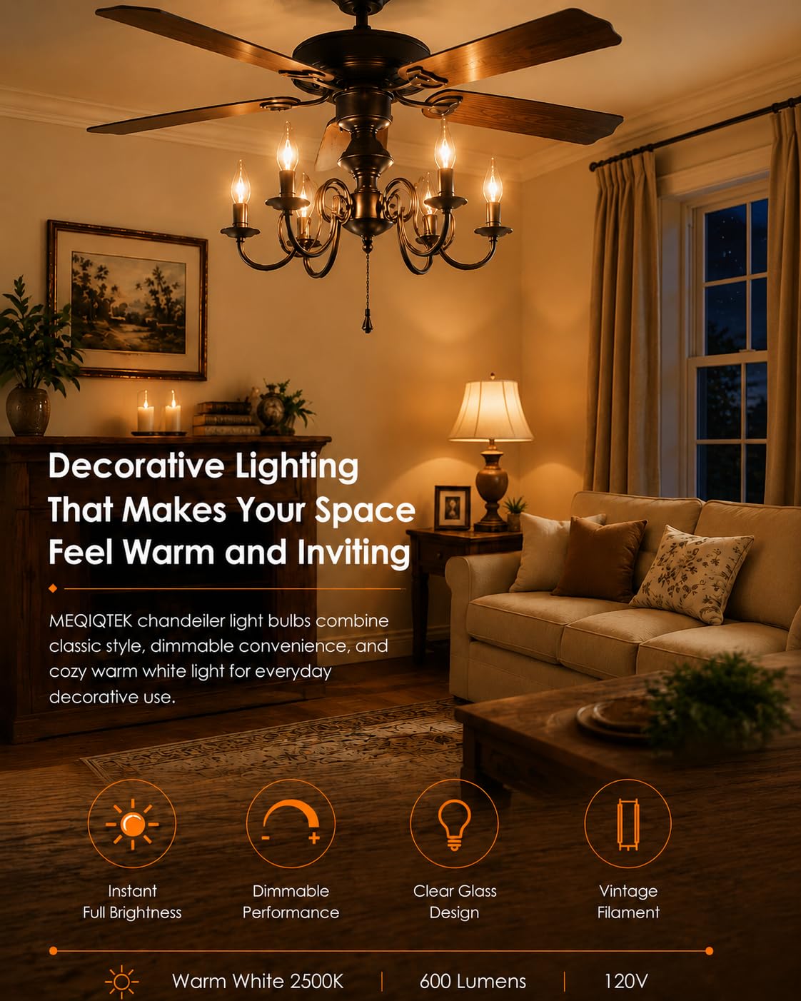 MEQIQTEK E12 60 Watt Incandescent Candle Light Bulbs, Chandelier Light Bulbs for Ceiling Fan, Vanity, Outdoor - Warm White 2500K, 600 Lumen Dimmable