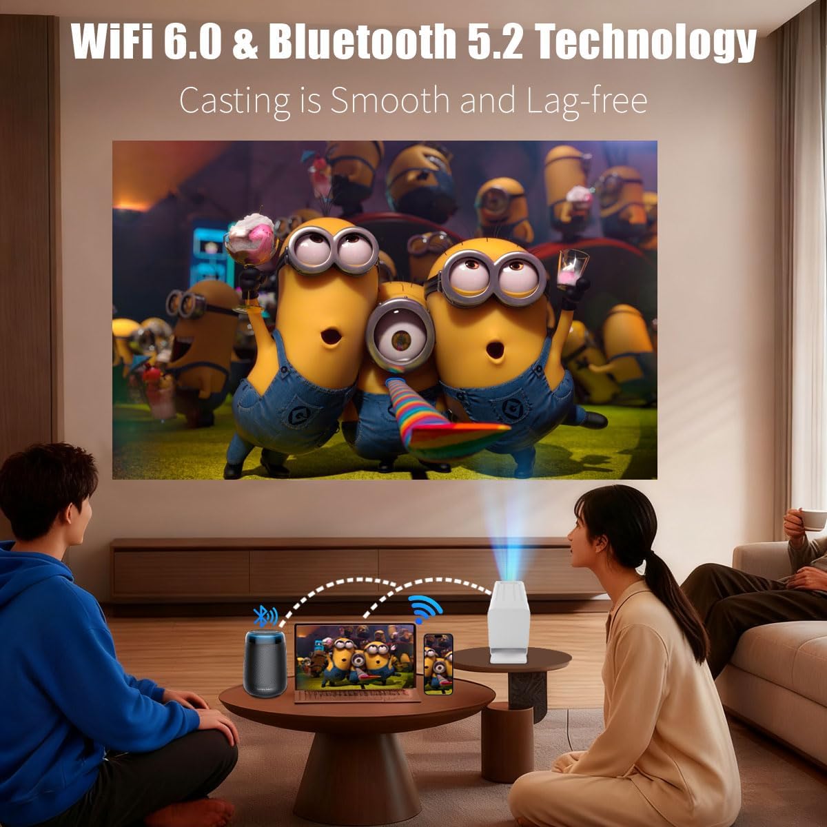[Smart Projector with Apps] 4K Supported Mini Projector with Wifi and Bluetooth, XENPONAD Movie Projector for Bedroom Celling Camping & Outdoor Use