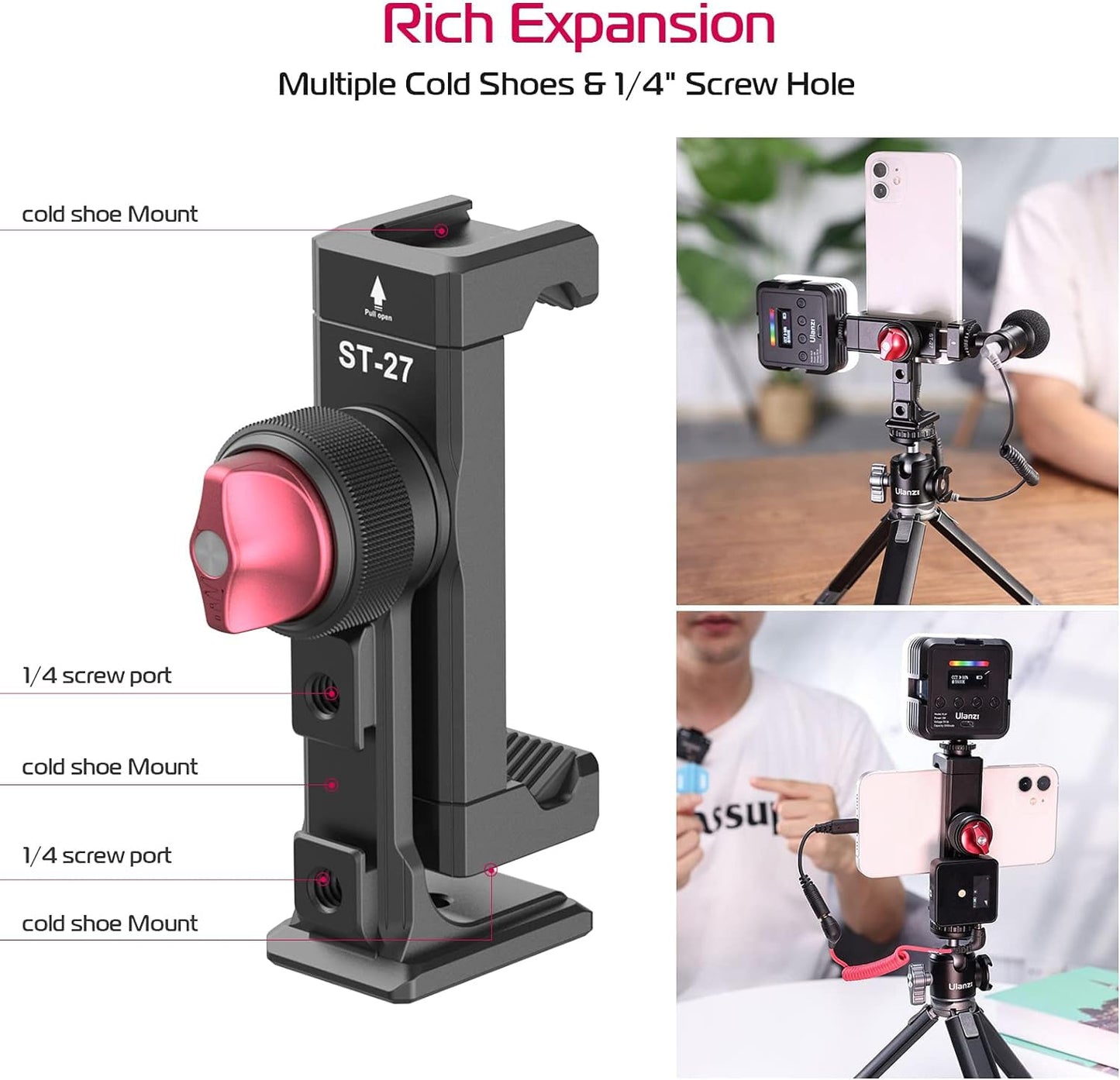 Metal Phone Tripod Mount 3 Cold Shoes & Arca Port, 360° Smartphone Tripod Adapter for iPhone 17 16 15 Cell Phone Stand Holder for Desktop Video Live