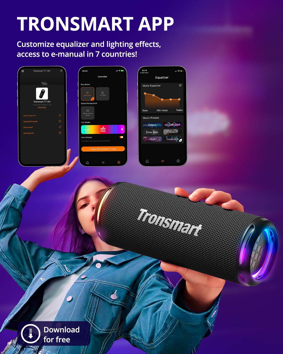 Tronsmart T7 Lite 24W Portable Bluetooth Speaker, Enhanced Bass, Rainbow Light Show, 24H Playtime, IPX7 Waterproof, Wireless Stereo Pairing, Bluetooth