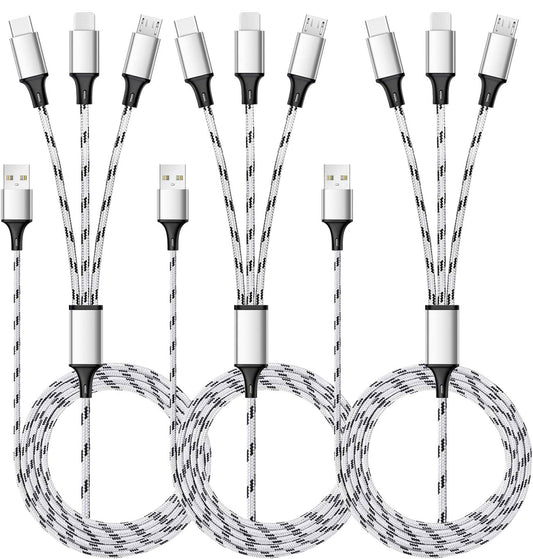 Multi Charging Cable, 5ft 3Pack Multi Charger Cable Nylon Braided Multiple USB Universal 3 in 1 Charging Cord Adapter with Type-C, Micro USB Port