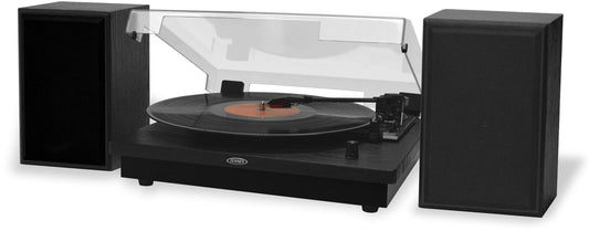 JENSEN JTA-315 Vinyl Record Player 3 Speed Turntable with Speakers and Dual Bluetooth Transmit/Receive, Black