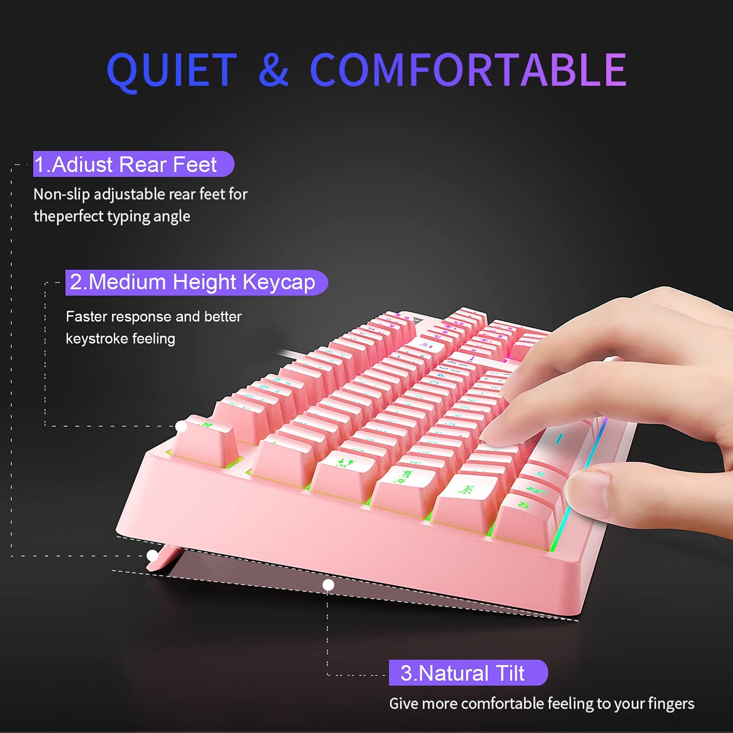 LORERAN Gaming Keyboard and Mouse Combo Pink, Gaming Keyboard LED Colorful Lights Backlit Wired Pink Keyboard Kawaii and Cute Keyboard Adjustable