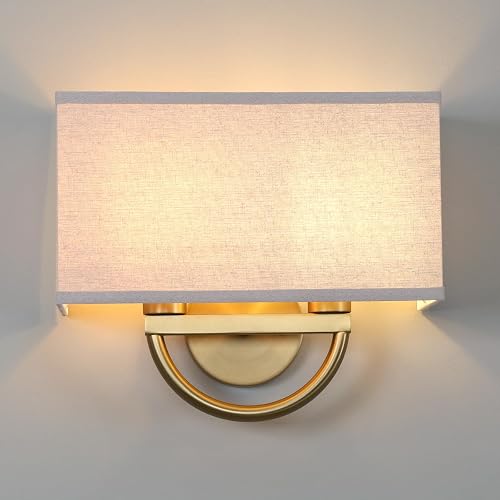Yosoan Linen Fabric Cloth Boho Gold Brass Wall Sconce Stairwell Fixture Light, 2-Light Indoor Hardwired Dual Vanity Wall Mount Vintage Antique Metal