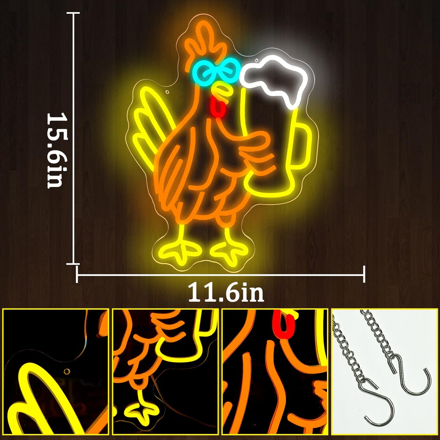 Taaneyo Beer Cock Neon Sign Funny Rooster Neon Light for Wall Decor Man Cave, Dimmable Beer Chicken for Bar Pub Club, Birthday Christmas Thanksgiving