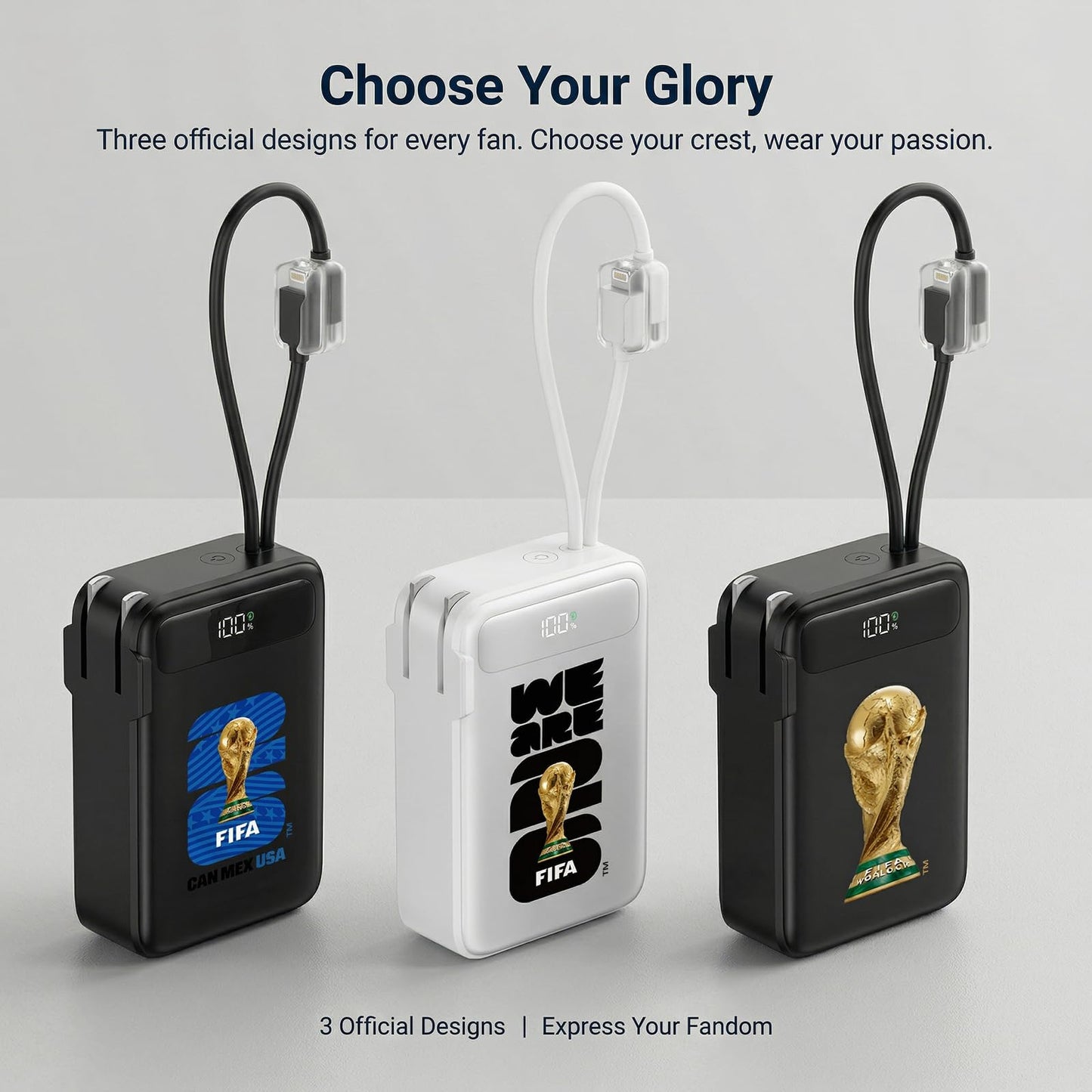 2026 FIFA Licensed Power Bank with Built-in Cable and Foldable Wall Plug, 22.5W 10000mAh Portable Charger, 3-in-1 Power Bank for iPhone 17/16/15