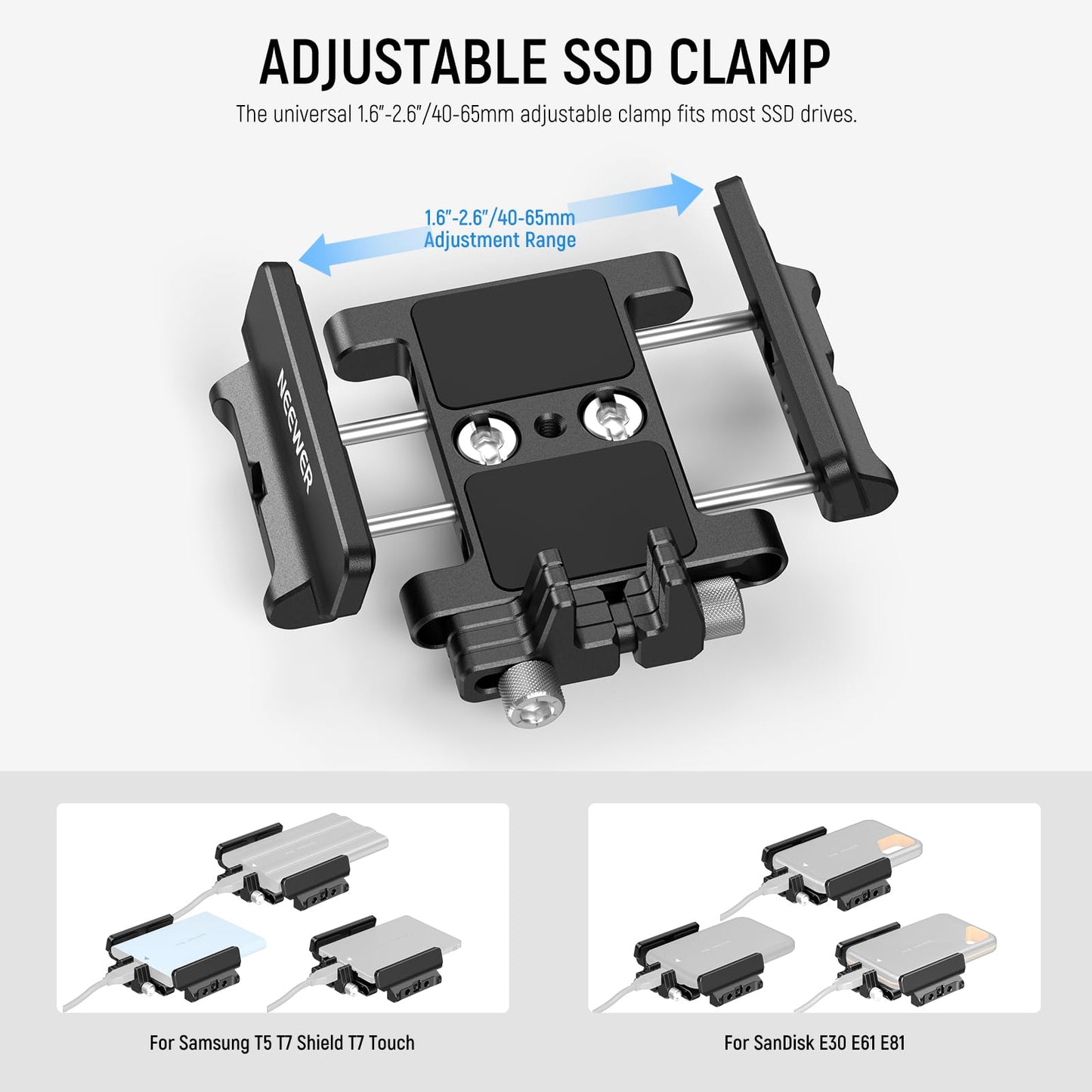 NEEWER Mount Bracket SSD Holder with Cold Shoe Cable Clamp, 1.6"-2.6" for Samsung T5 T7 SSD SanDisk Compatible with SmallRig Cage for BMPCC 4K 6K