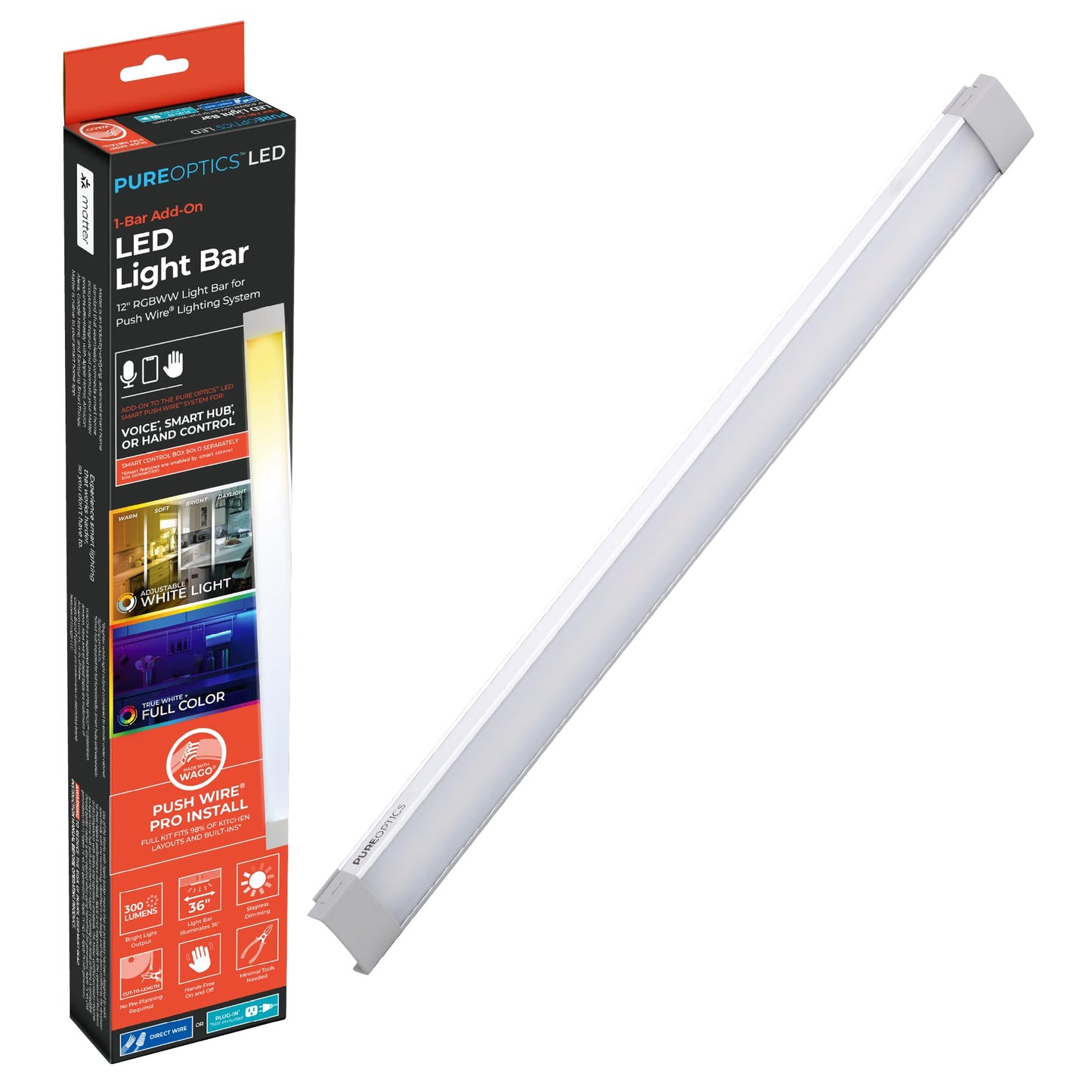 PureOptics LED Professional Push Wire Under Cabinet Light Bar, Add-on, Plug-in or Hardwire Compatible, Adjustable White and RGB LED, for Kitchen