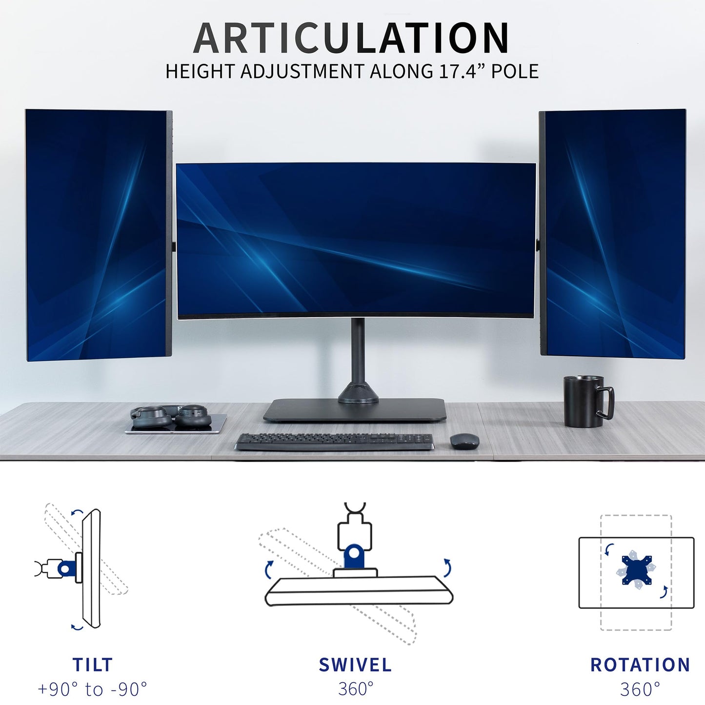 VIVO Premium Freestanding Triple Monitor Desk Mount for 3 Screens up to 22 lbs, Fits up to 38 inch Ultrawides on Center Bracket, Adjustable
