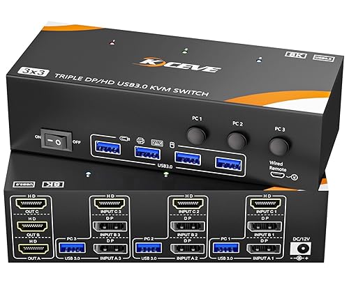 KCEVE 8K KVM Switch 3 Monitors 3 Computers Displayport HDMI, USB 3.0 KVM Switch Triple Monitor 4K@144Hz 8K@60Hz for 3 Computers Share Keyboard Mouse