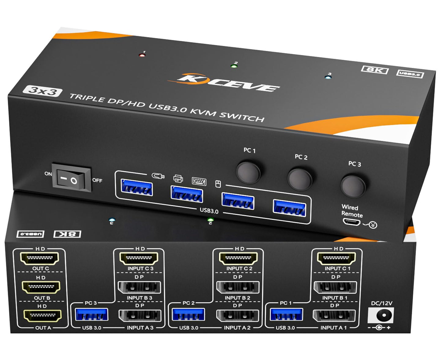 KCEVE 8K KVM Switch 3 Monitors 3 Computers Displayport HDMI, USB 3.0 KVM Switch Triple Monitor 4K@144Hz 8K@60Hz for 3 Computers Share Keyboard Mouse
