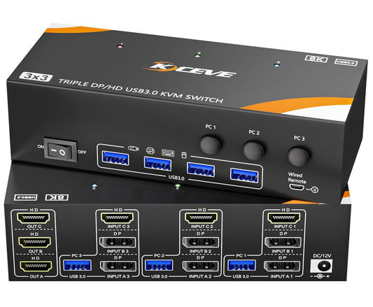 KCEVE 8K KVM Switch 3 Monitors 3 Computers Displayport HDMI, USB 3.0 KVM Switch Triple Monitor 4K@144Hz 8K@60Hz for 3 Computers Share Keyboard Mouse