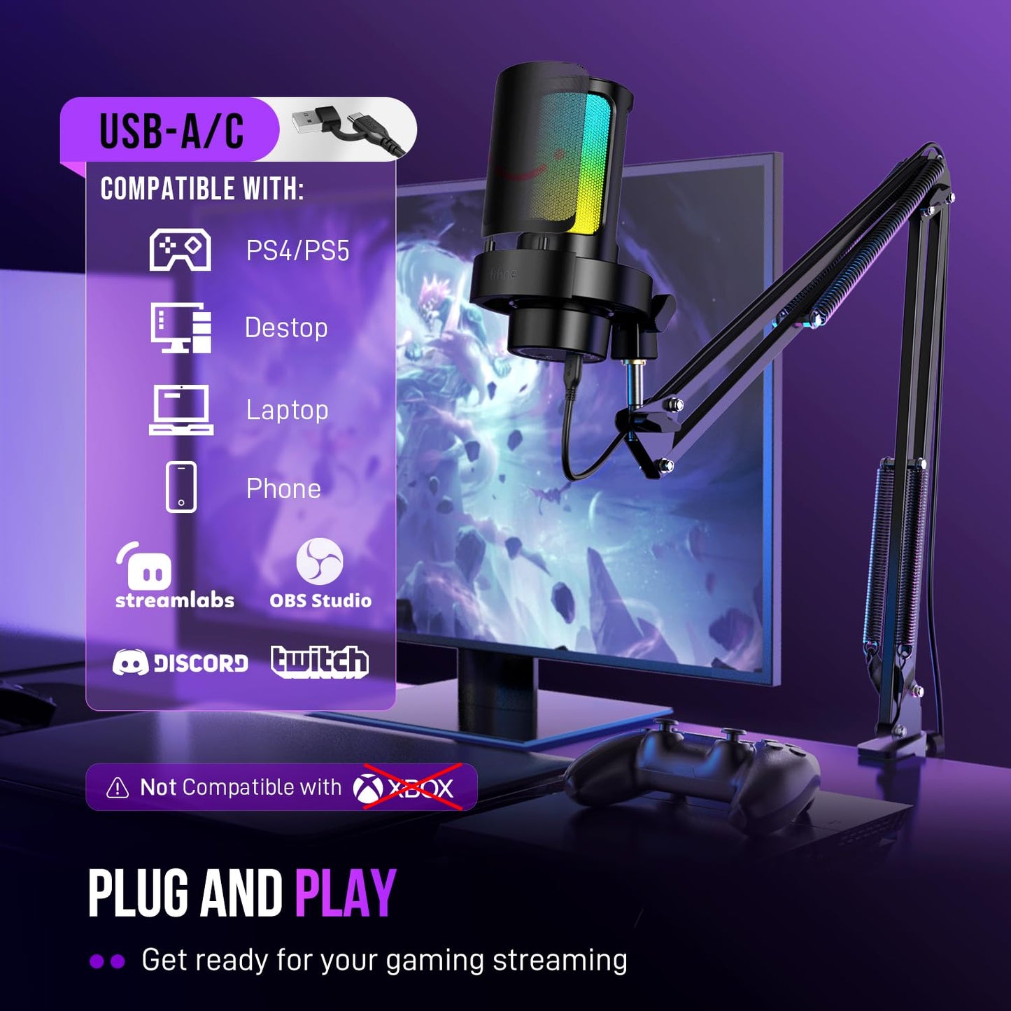 FIFINE USB Gaming Microphone Kit, PC Streaming Mic with RGB Lights, Mute, Gain Knob, Metal Boom Arm for Recording Podcast, Condenser Computer